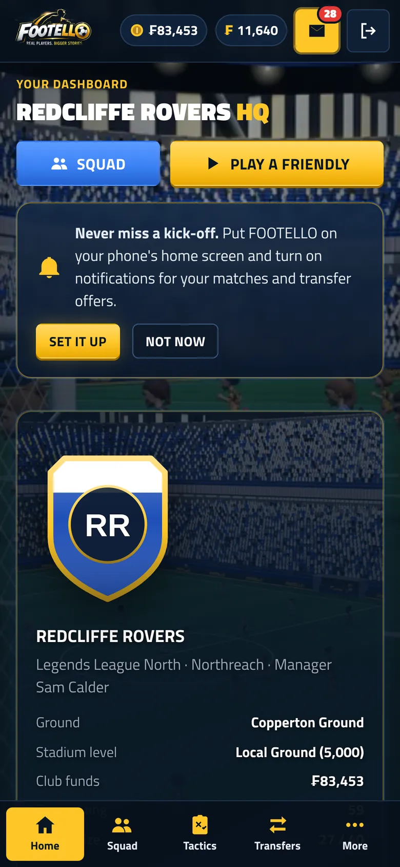 FOOTELLO on a phone: the club's home screen