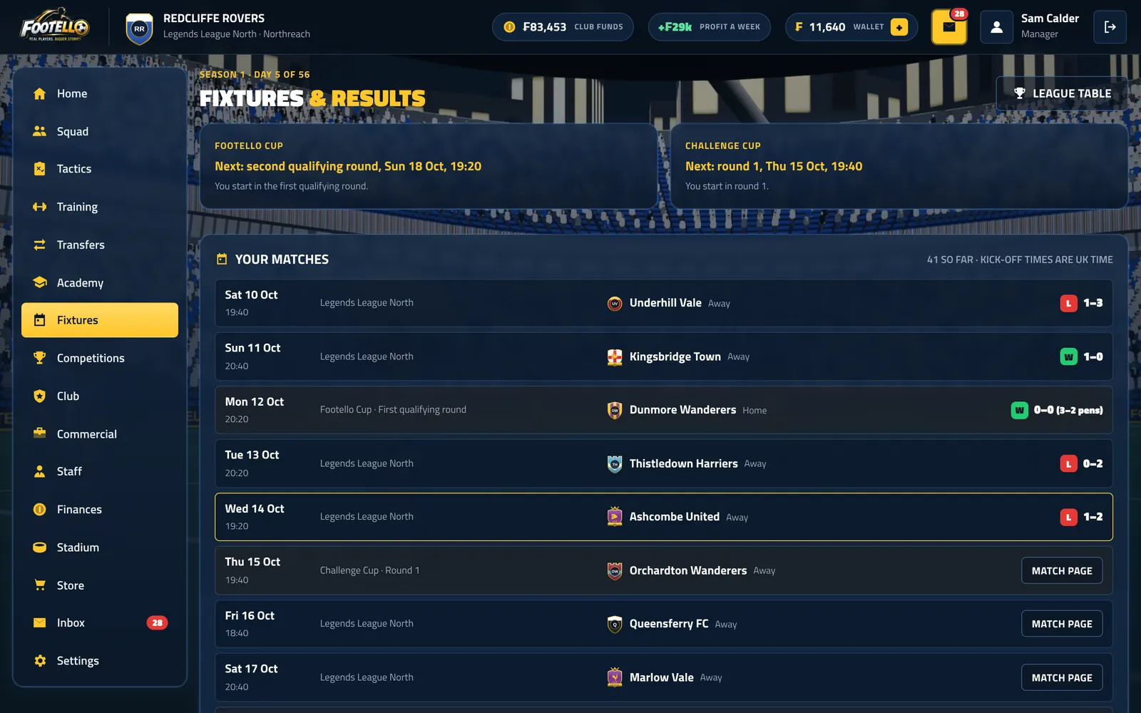 Your fixtures, with kick-off times